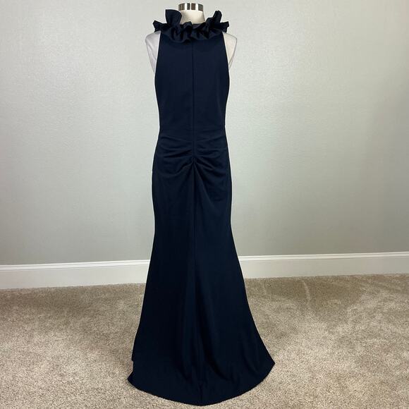 XSCAPE Ruffled V-Neck Evening Gown Size 10 Blue Sleeveless Long Formal Dress - Picture 6 of 14